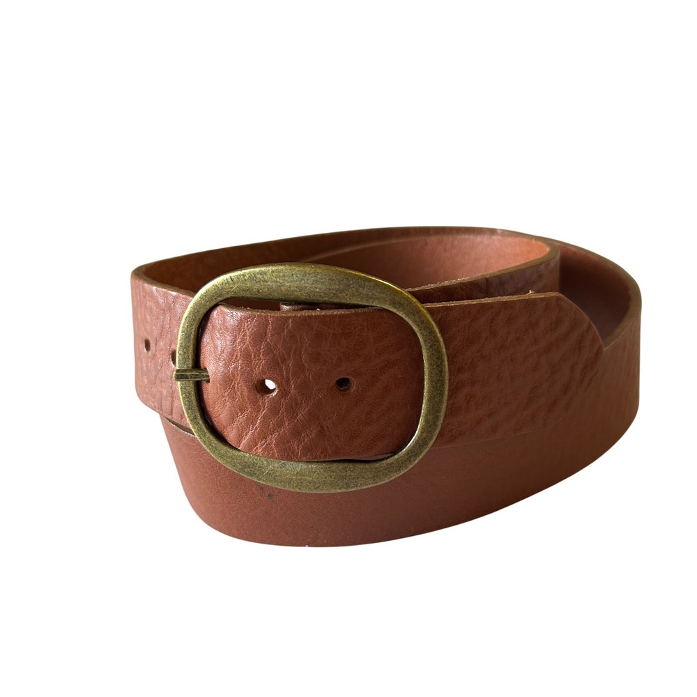 Kim White Leather Belt Size S Brown Pebbled Wide Brass Buckle USA